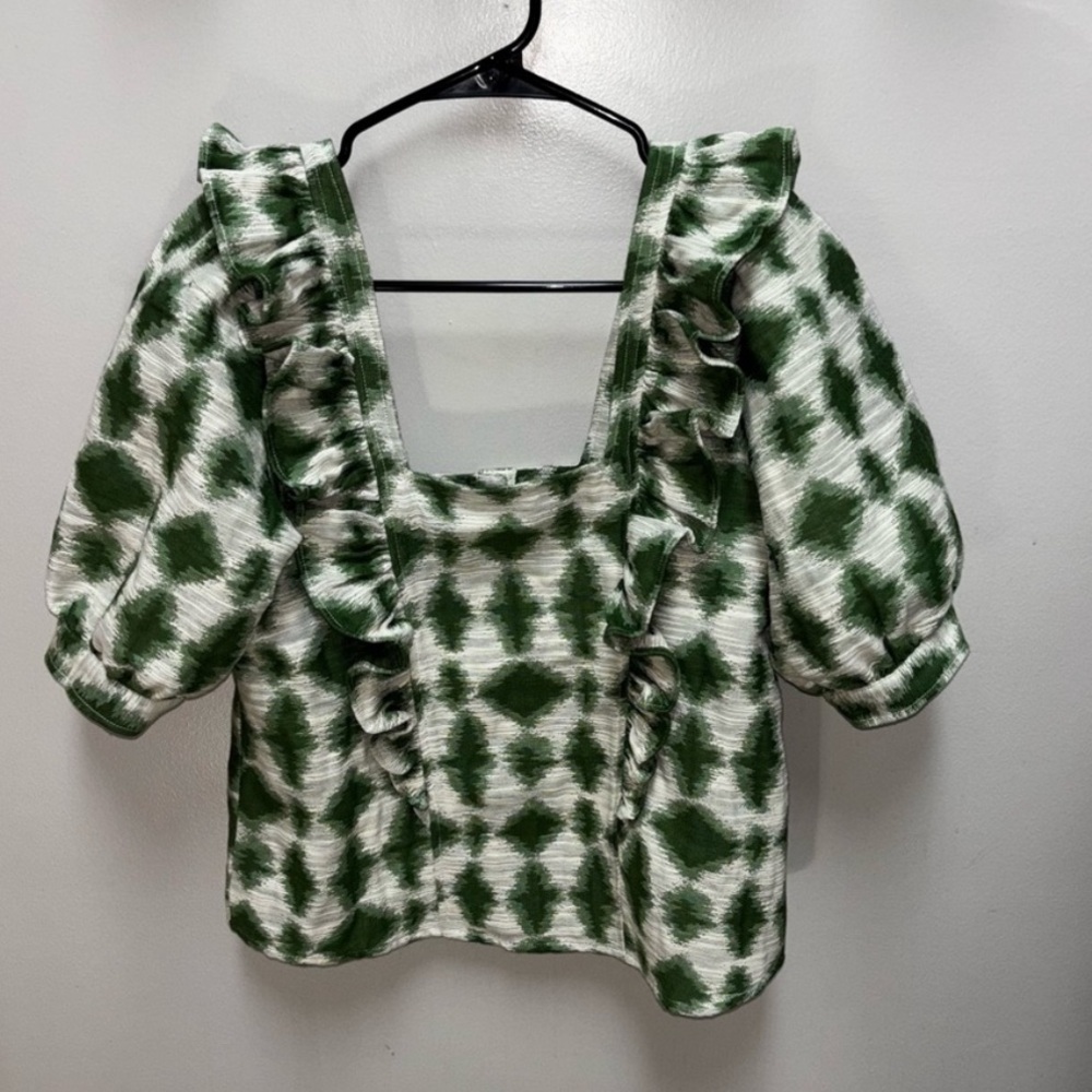 Sezane Green and White Ruffled Blouse